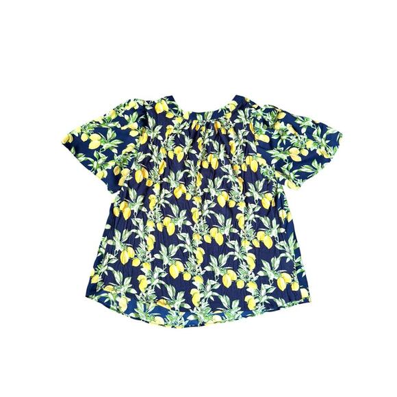 LOFT Petites MP Lemon Print Smocked Blouse Navy Yellow Short Sleeve Peasant Top - Picture 3 of 6